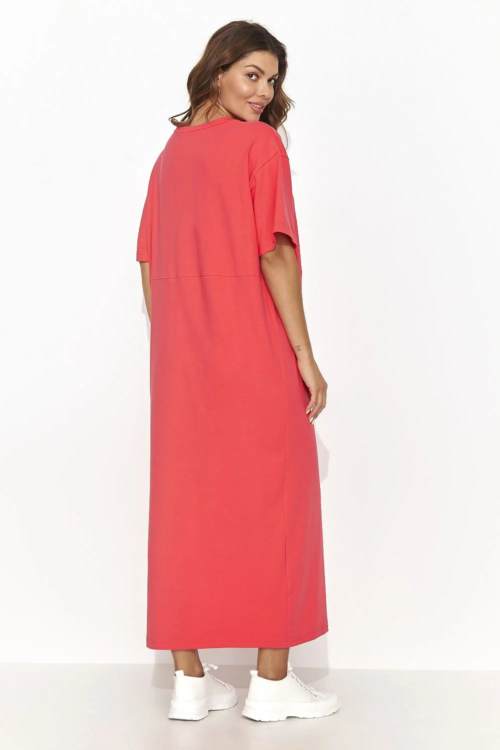 Robe de jour élégante longue manches courtes en coton corail fente plaque dorée taille ajustable femme