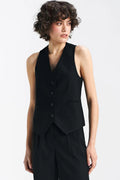 Gilet pour femme élégant sans manches en viscose, lin et coton, coupe cintrée, col V, boutons noirs, poches passepoilées