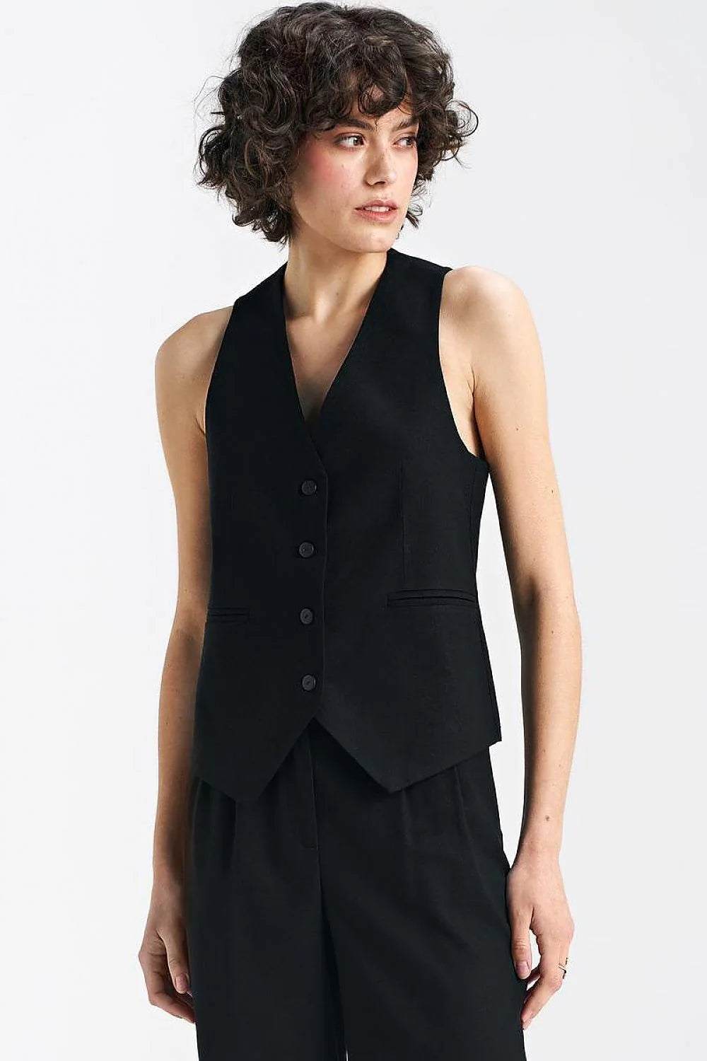 Gilet pour femme élégant sans manches en viscose, lin et coton, coupe cintrée, col V, boutons noirs, poches passepoilées
