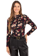chemisier femme ajustée viscose polyester manches longues imprimé floral col drapé décolleté fluide fronces épaule boucle