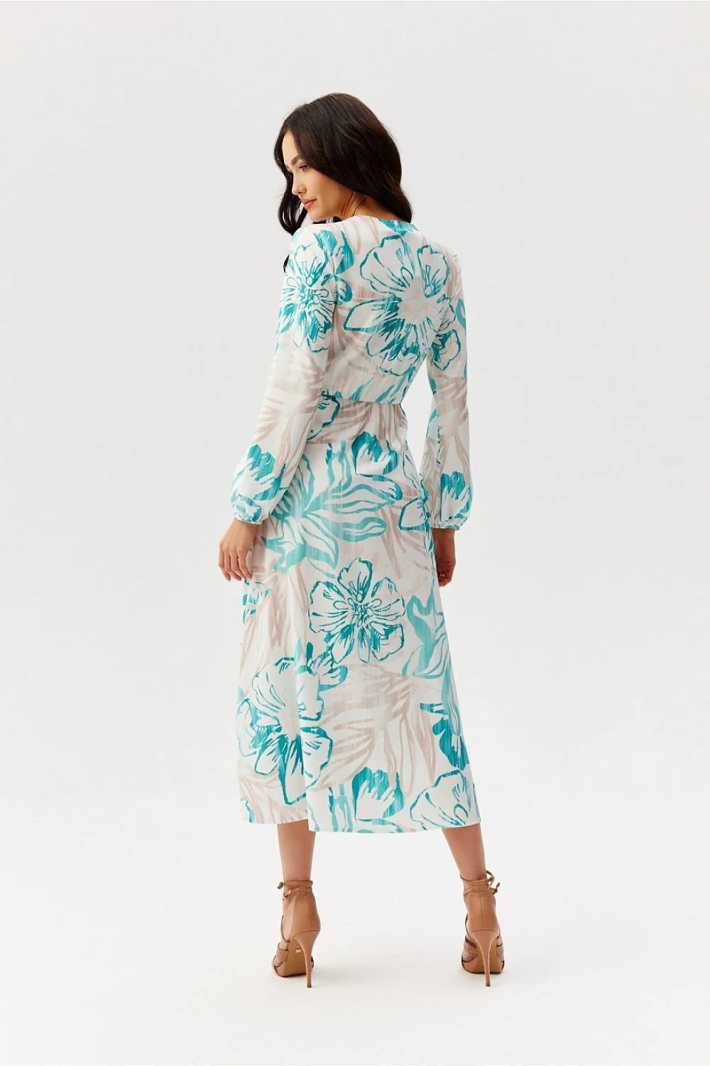 Robe de jour chic décontractée midi manches longues cache-coeur floral turquoise beige femme mode