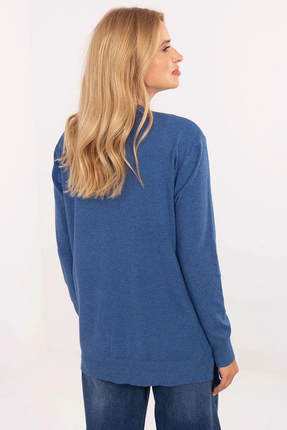 cardigan cape femme bleu denim maille douce viscose modal nylon léger confortable coupe droite manches longues poches plaquées finitions côtelées