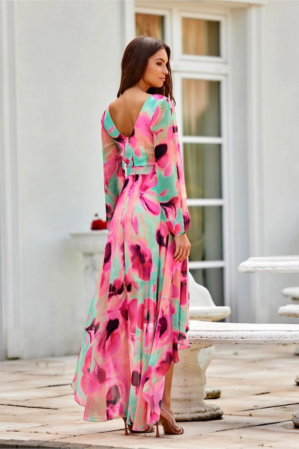 robe asymétrique maxi Roco Fashion manches longues fluides chiffon col V croisé taille cintrée ceinture intégrée traîne plissée