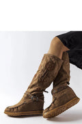 Bottes cothurnes Solea style western bohème cuir suédé brun clair femmes fermeture éclair latérale détails franges motifs géométriques