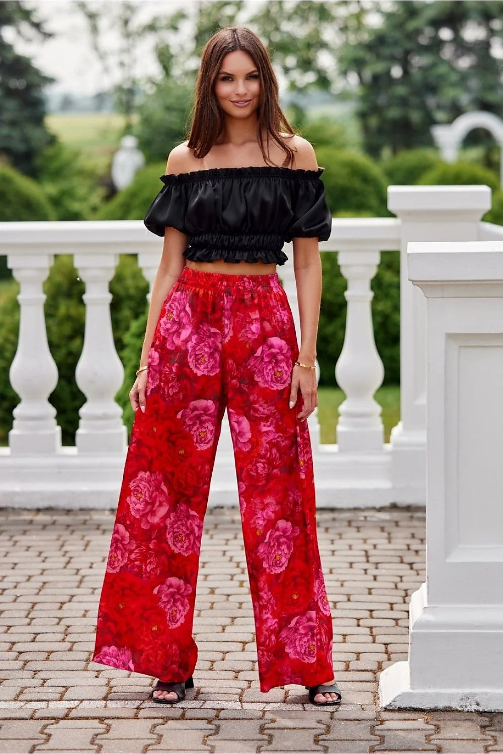 Pantalon Capri femme taille haute large évasé ceinture élastique poches latérales tissu à motifs femme été