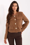veste courte femme camel laine bouclée coupe droite col rond sans poches rabat fermeture boutonnée boutons dorés texturés manches longues