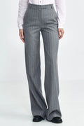 Pantalon long pour femme Nife élégant coupe ajustée rayures verticales blanches gris tailles hautes jambes évasées fermeture éclair cachée