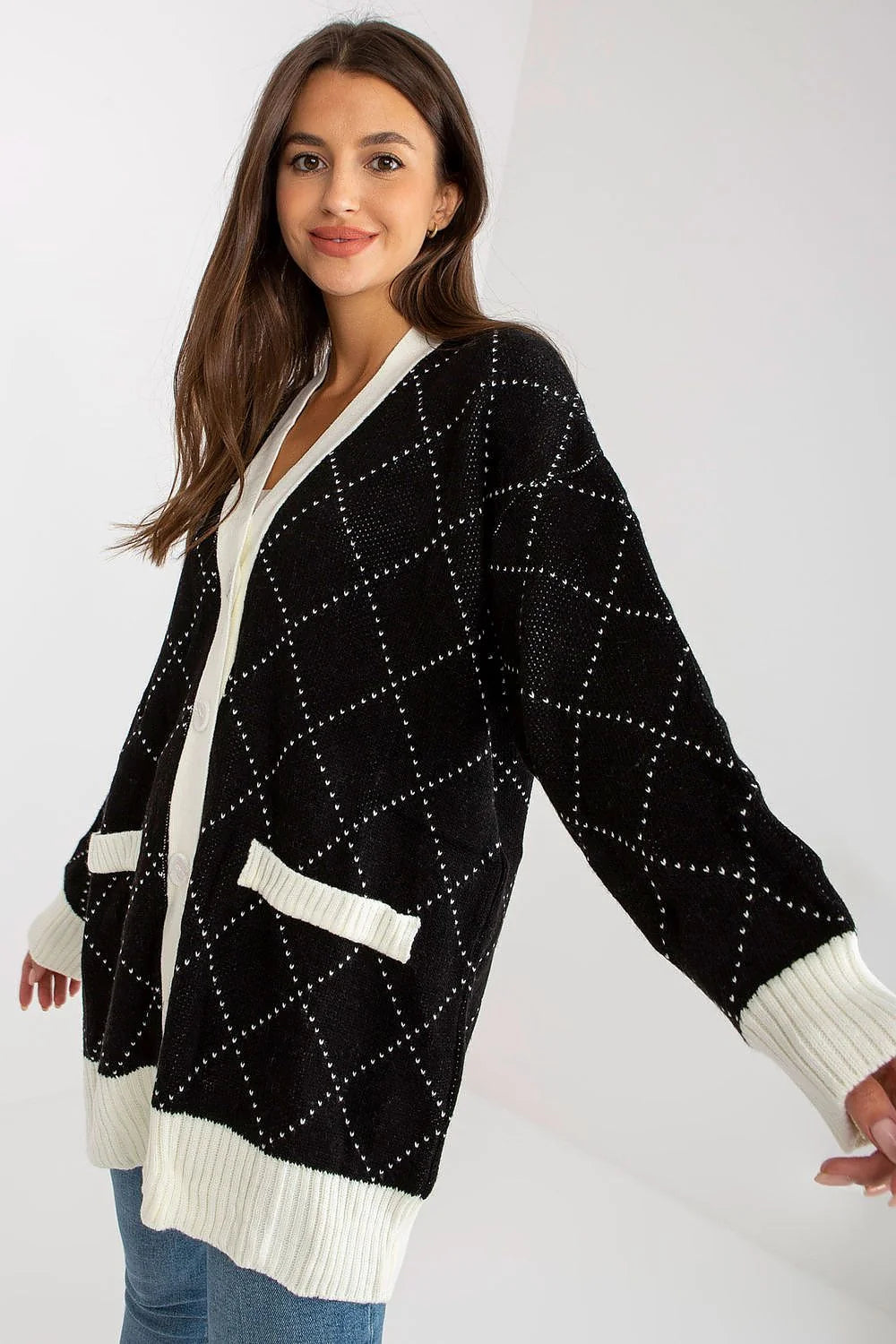 Cardigan Rue Paris style argyle noir blanc manches longues poches boutons fermeture tricot côtelé