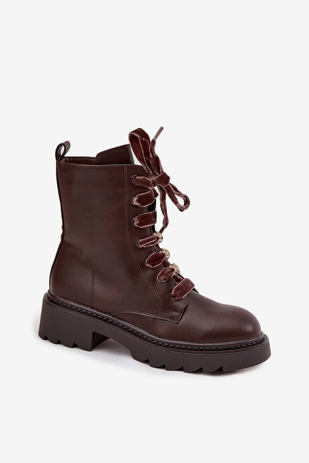 bottines femme montantes marron foncé combat trek effet simili cuir lisse zip latéral plateforme crantée robuste lacets velours oeillets décoratifs