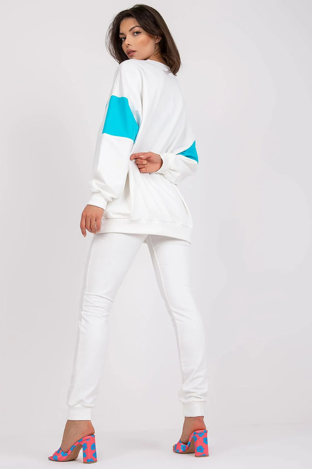 Ensemble Fancy pour femme sweatshirt manches longues pantalon slim taille élastique coton élasthanne blanche orange tendance mode