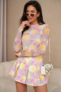 Ensemble féminin chemisier jupe floral print tissu synthétique manches longues taille haute occasion décontractée semi-formelle