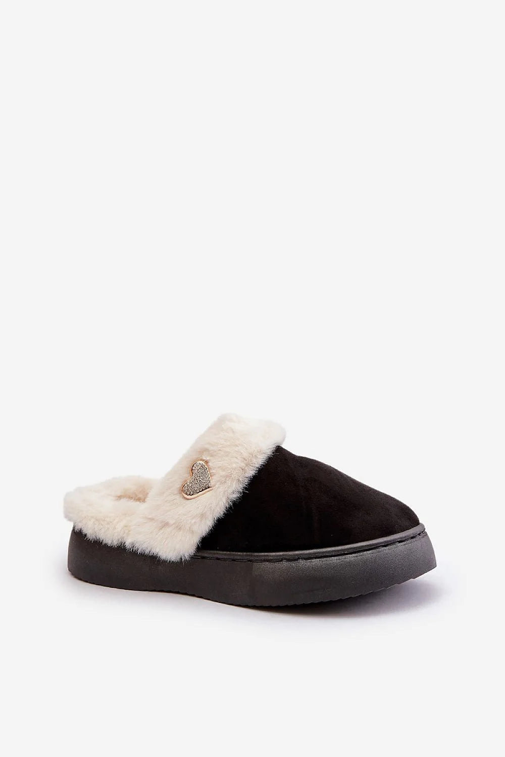 Pantoufles pour femme en fourrure blanche et daim noir style moderne élégant semelle épaisse cœur strass confort hiver