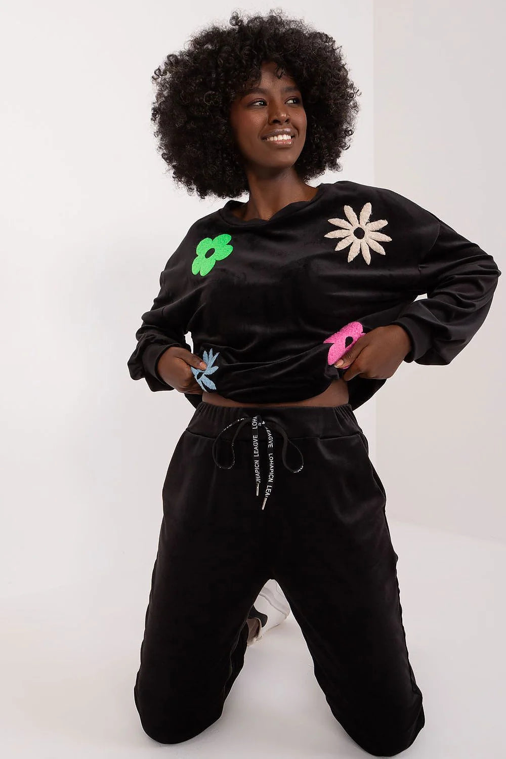 Ensemble décontracté pour femmes velours motifs floraux taille ajustable sweat-shirt pantalon loungewear