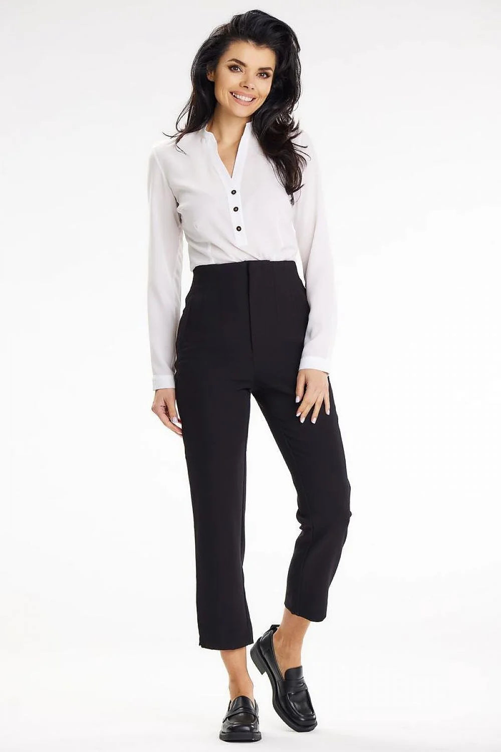 Chemisier AWAMA élégant à col montant manches longues en V boutons noirs polyester 2% élasthanne tailles S M L XL femme