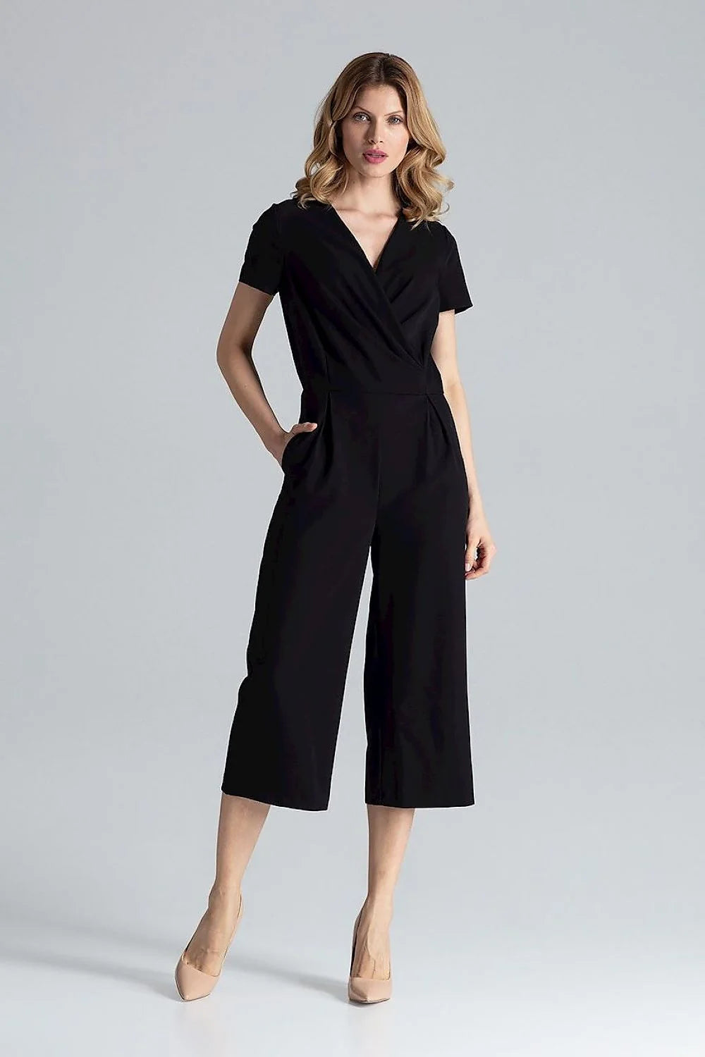 Figl combinaison corail vif cachecoeur manches courtes taille cintrée pinces soignées tissu fluide structuré polyester viscose poches latérales fermeture glissière