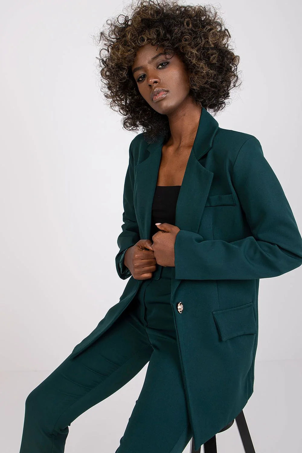 Veste femme Italy Moda vert foncé longue manches longues style élégant coupe ajustée matériau synthétique