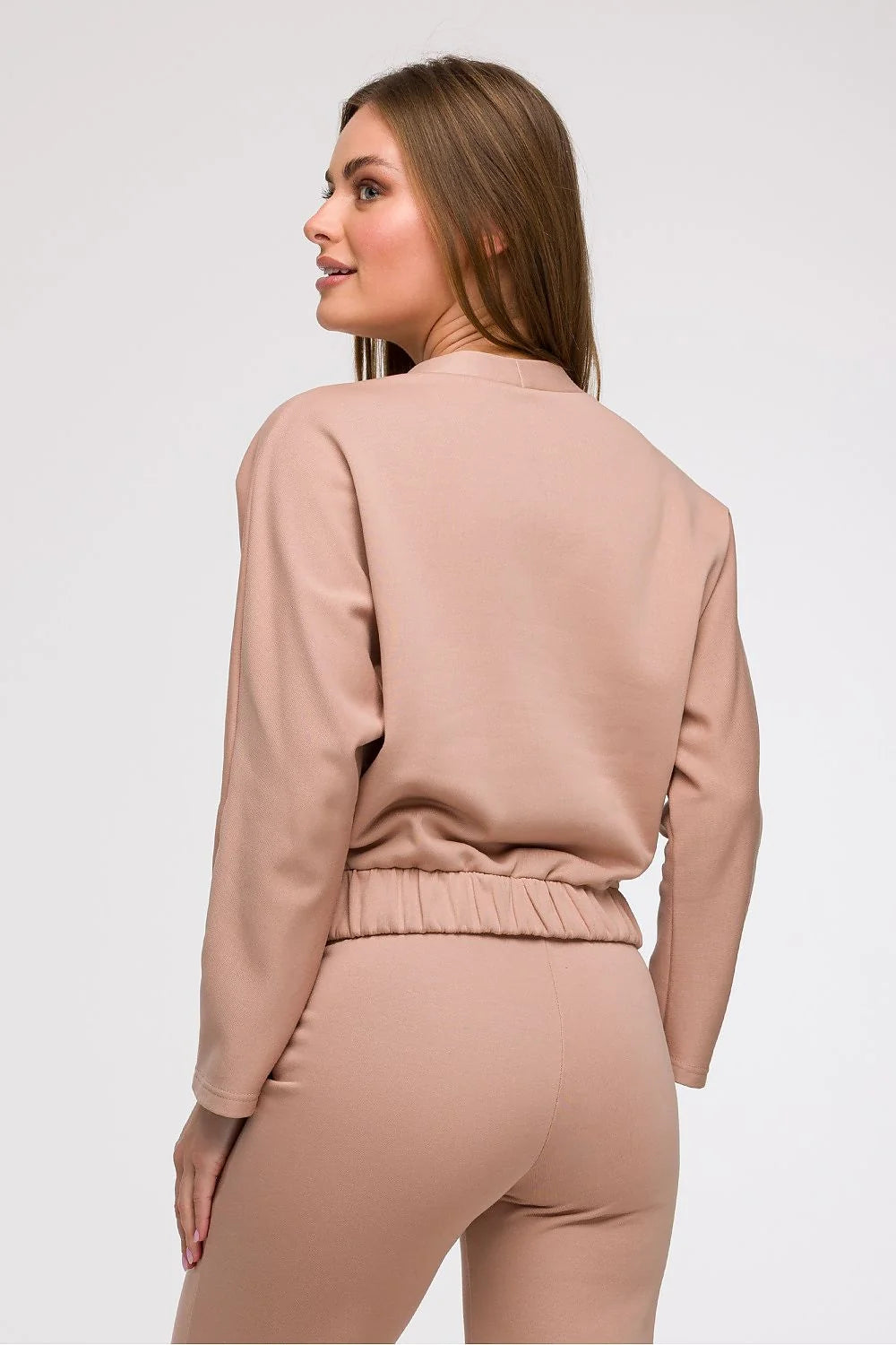 ensemble féminin portefeuille manches longues décolleté profond coton élasthanne beige sable taille haute élastiquée pantalon coupe slim pinces soignées