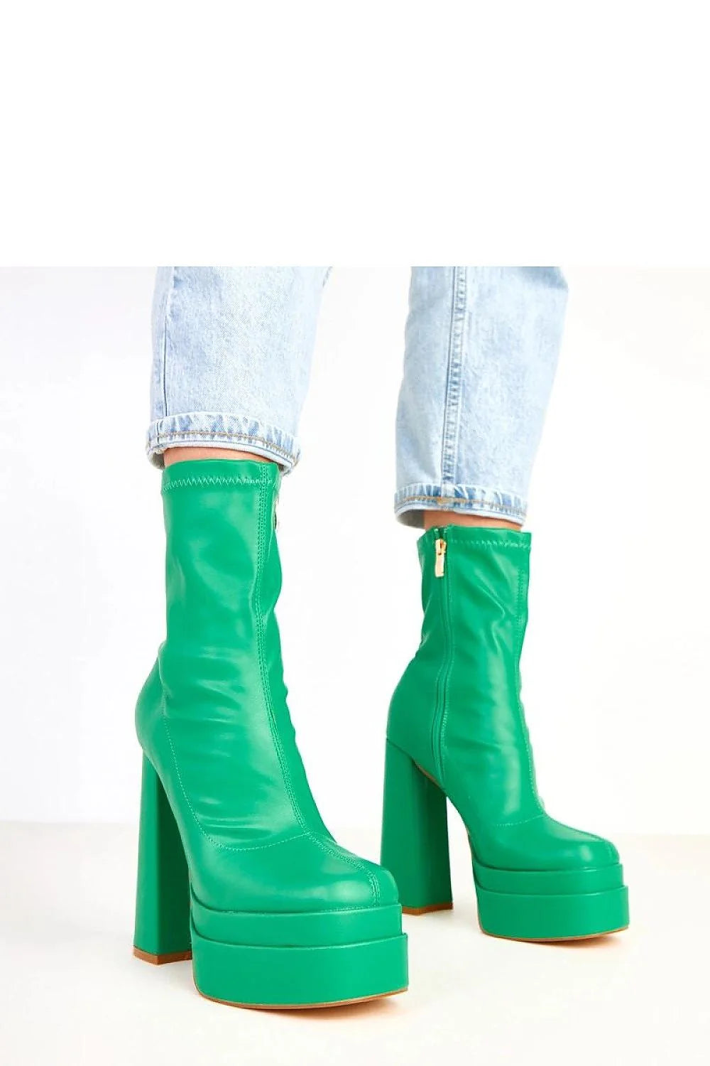 bottines femme mi mollet plateforme 5cm talon bloc 15cm bout arrondi cuir synthétique verni vert émeraude zip latéral