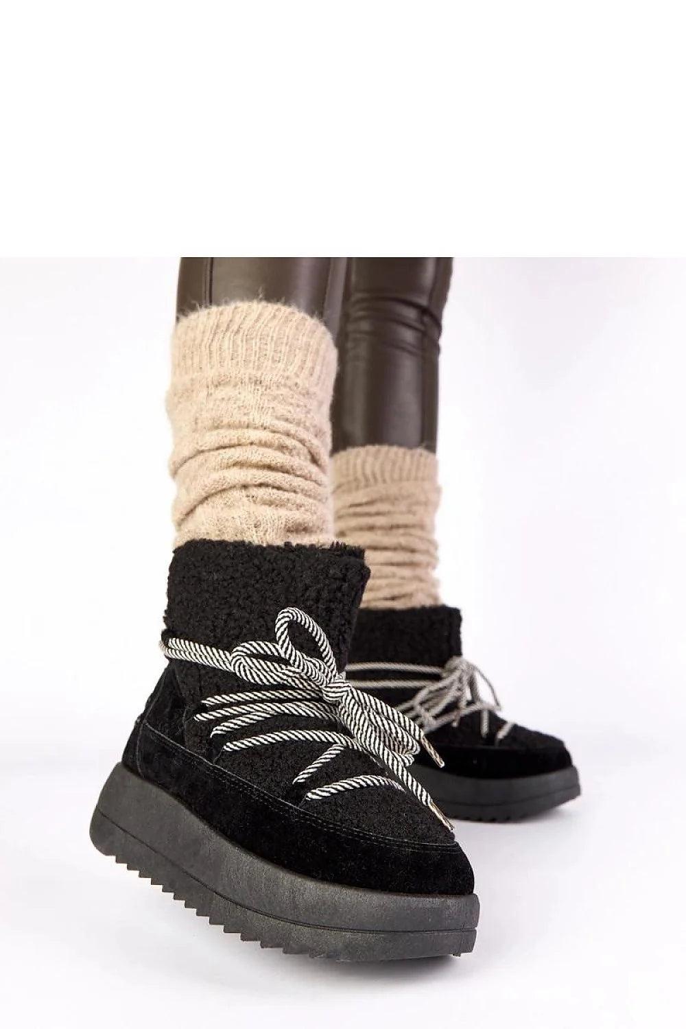 Gemre Sienna bottes neige noires suédine fourrure doublée mi mollet lacets bicolores revers sherpa plateforme crantée antidérapante isolante