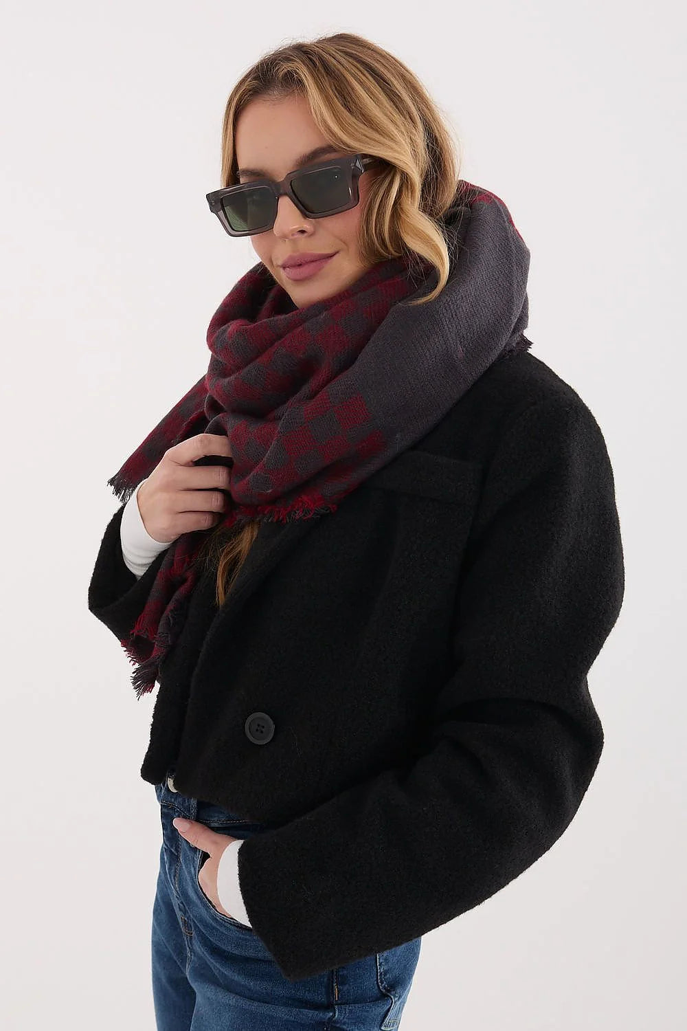 écharpe châle oversize carreaux bordeaux anthracite viscose laine maille brossée franges effilochées grand format chaude douce élégante polyvalente
