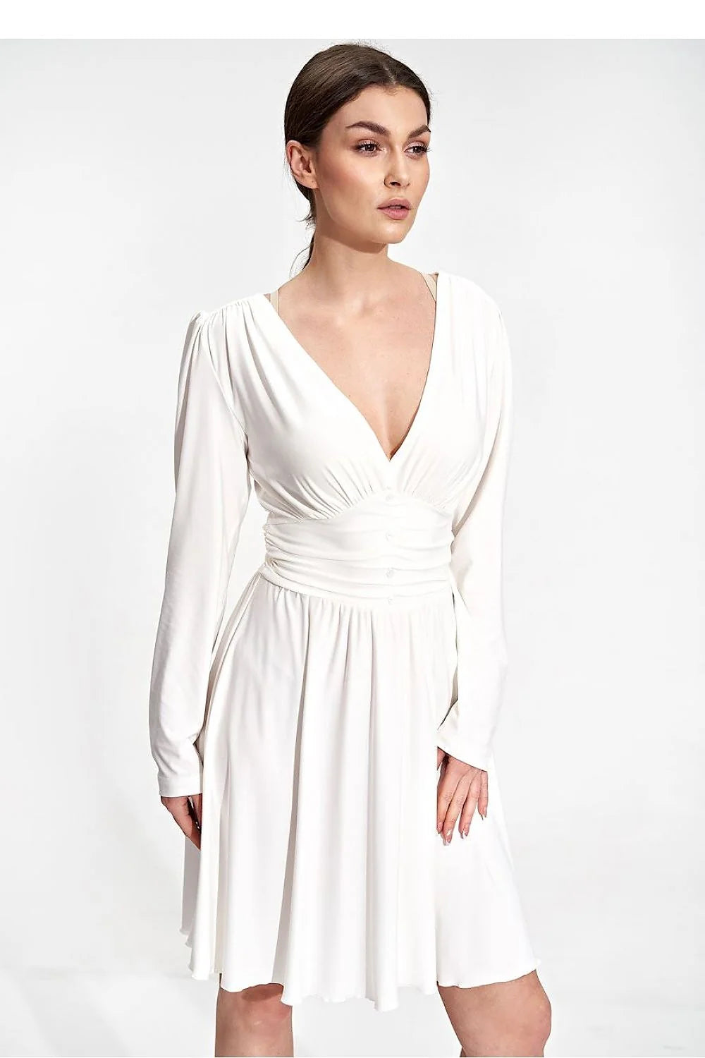 Robe de jour élégante évasée genou manches longues décolleté bateau ceinture boutons sans doublure polyester élasthanne femme