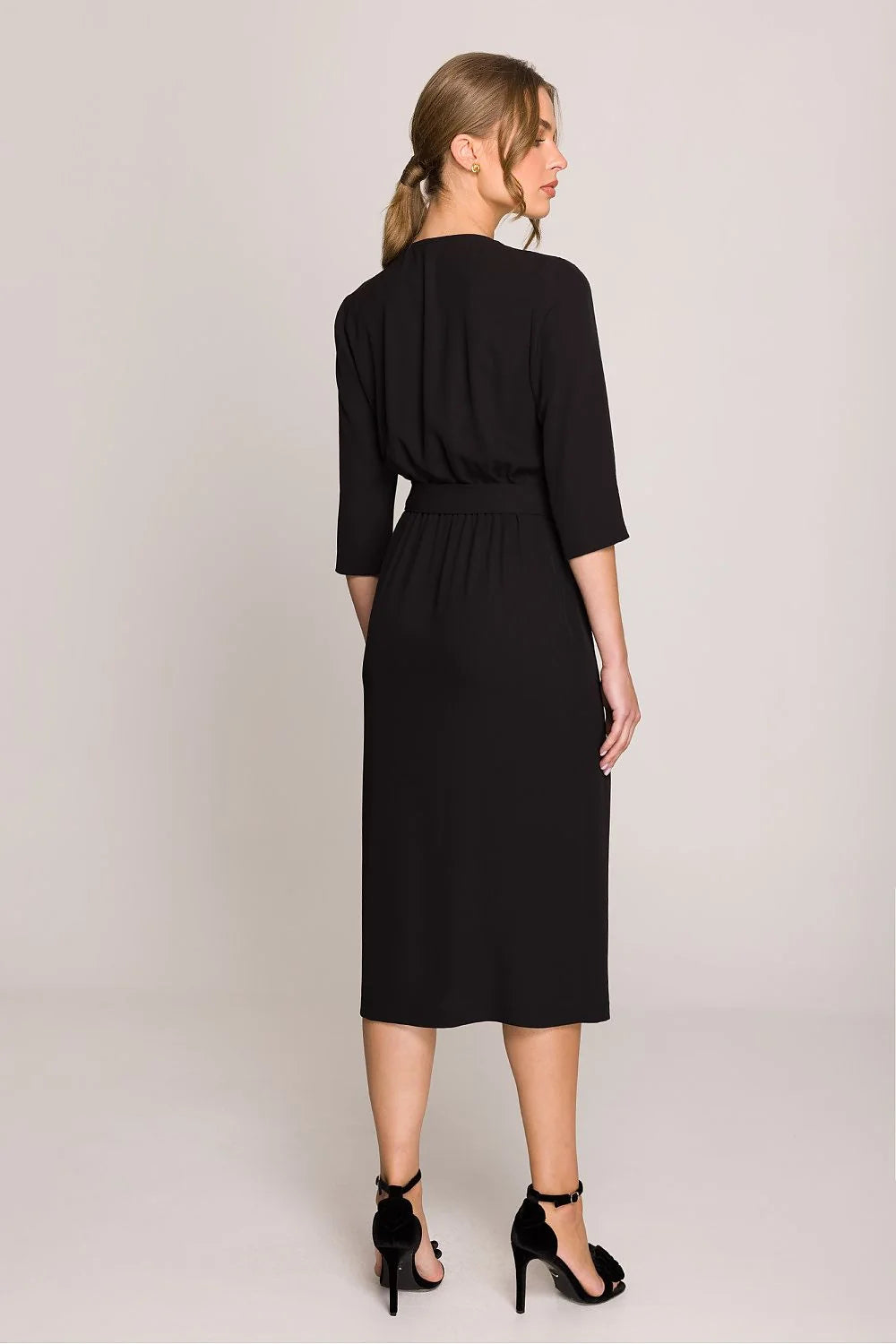 Robe de jour Stylove midi V-neck manches 3/4 motif croisé ceinture ajustable noir femme élégance professionnelle occasion formelle