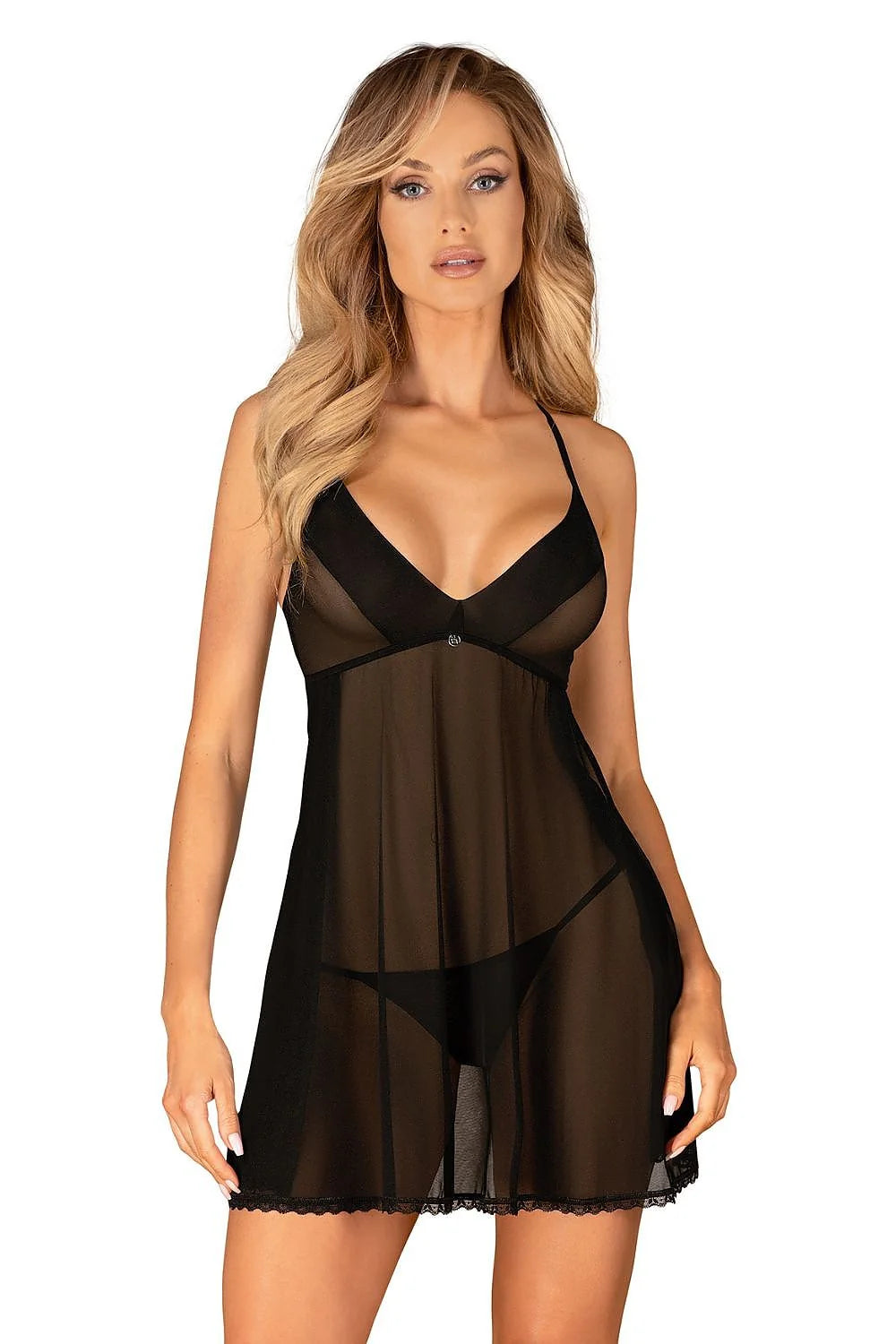 nuisette noire transparente élégante sexy légère fluide mousseline voile tulle courte aline triangle bonnets doublés bretelles fines ajustables dentelle ourlet