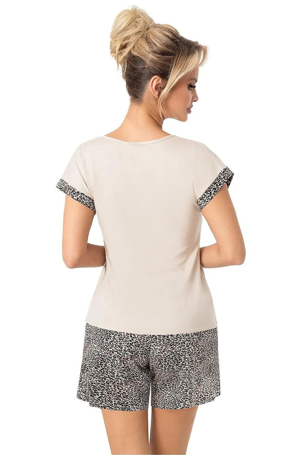pyjama femme été court top col V crème imprimé léopard short assorti viscose élasthanne extensible tailleélastique confortable élégante liseré