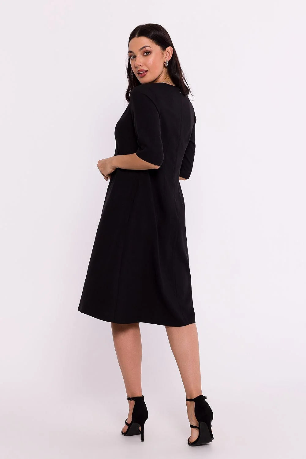 Robe de jour Be Wear élégance intemporelle couleur noire coupe évasée manches trois-quarts décolleté en V profond confortable pour femme