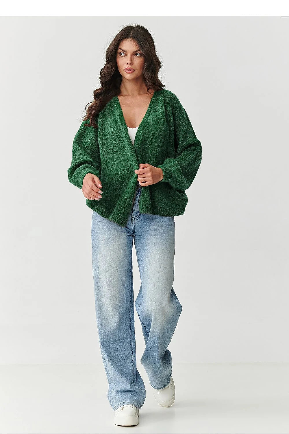cardigan court oversize vert sapin mohair luxueux laine léger doux pelucheux cocooning colV manches ballon