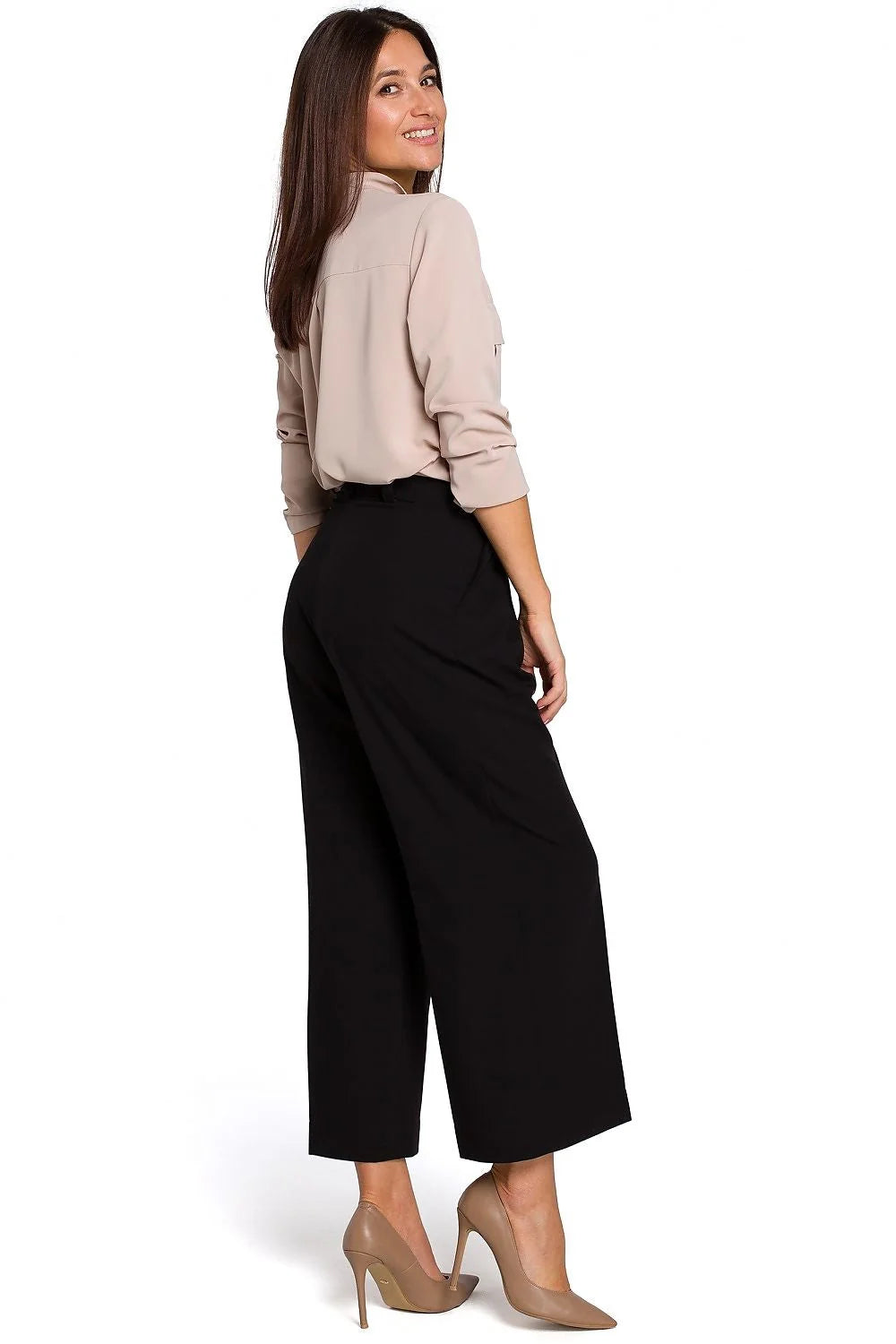 Pantalon femme Stylove élégant ample noir matières confortables taille haute boutons fermeture éclair hanches larges style intemporel occasion professionnelle décontractée