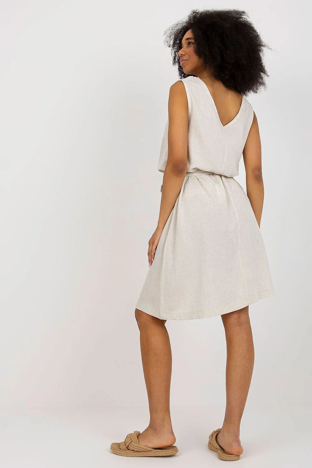 Robe Rue Paris été sans manches V-neck coton lin viscose taille ajustable ceinture incluse style minimaliste femme