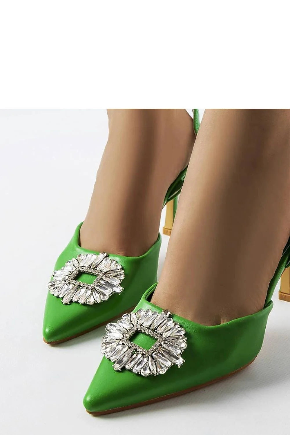escarpins femme vert vif satinée simili cuir suédé talon aiguille douze centimètres bout pointu bride arrière boucle cristaux