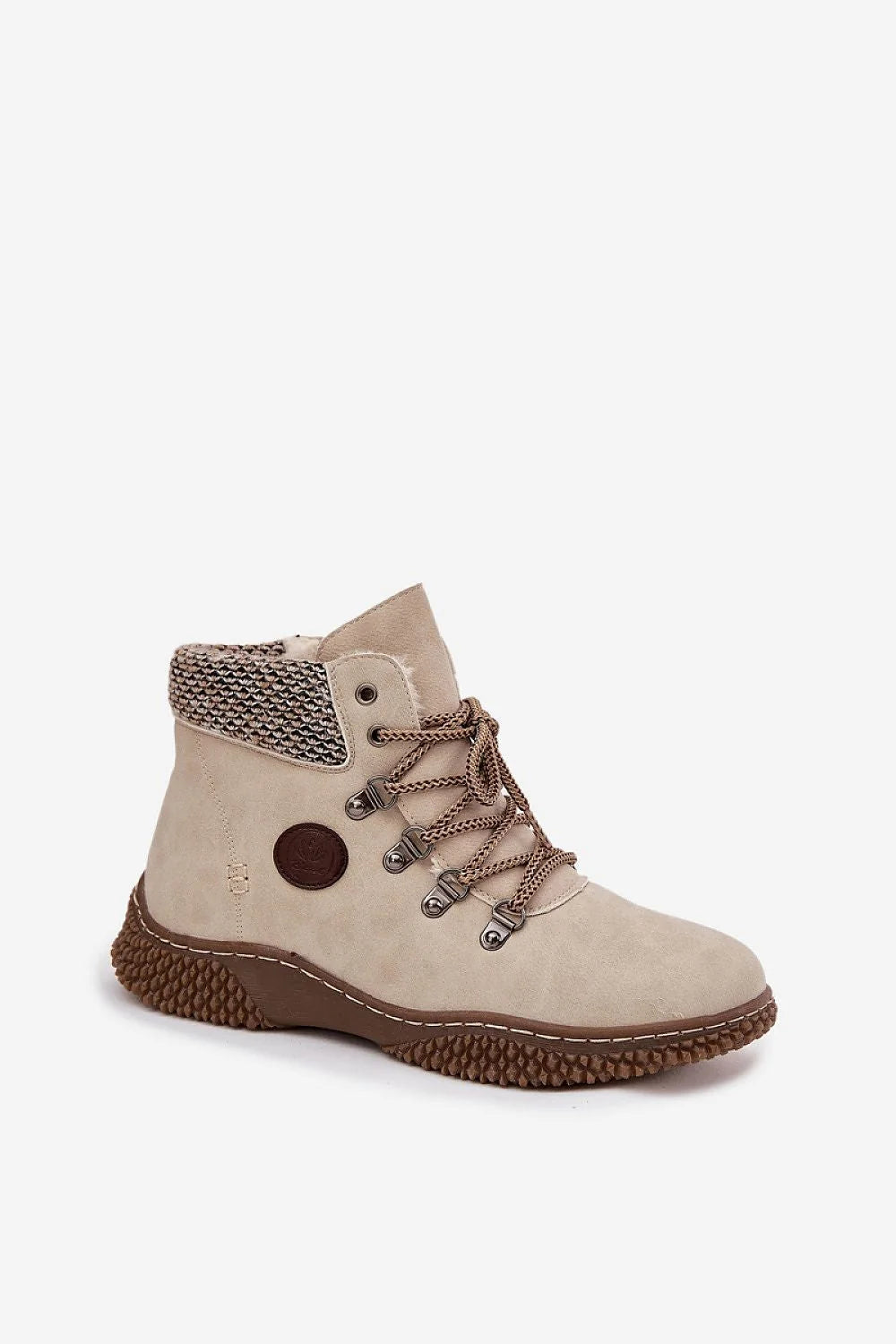 bottines trappeur femme similicuir suédine beige col rembourré tricoté gris laçage crochets métalliques zip latéral doublure fourrure semelle crantée antidérapante