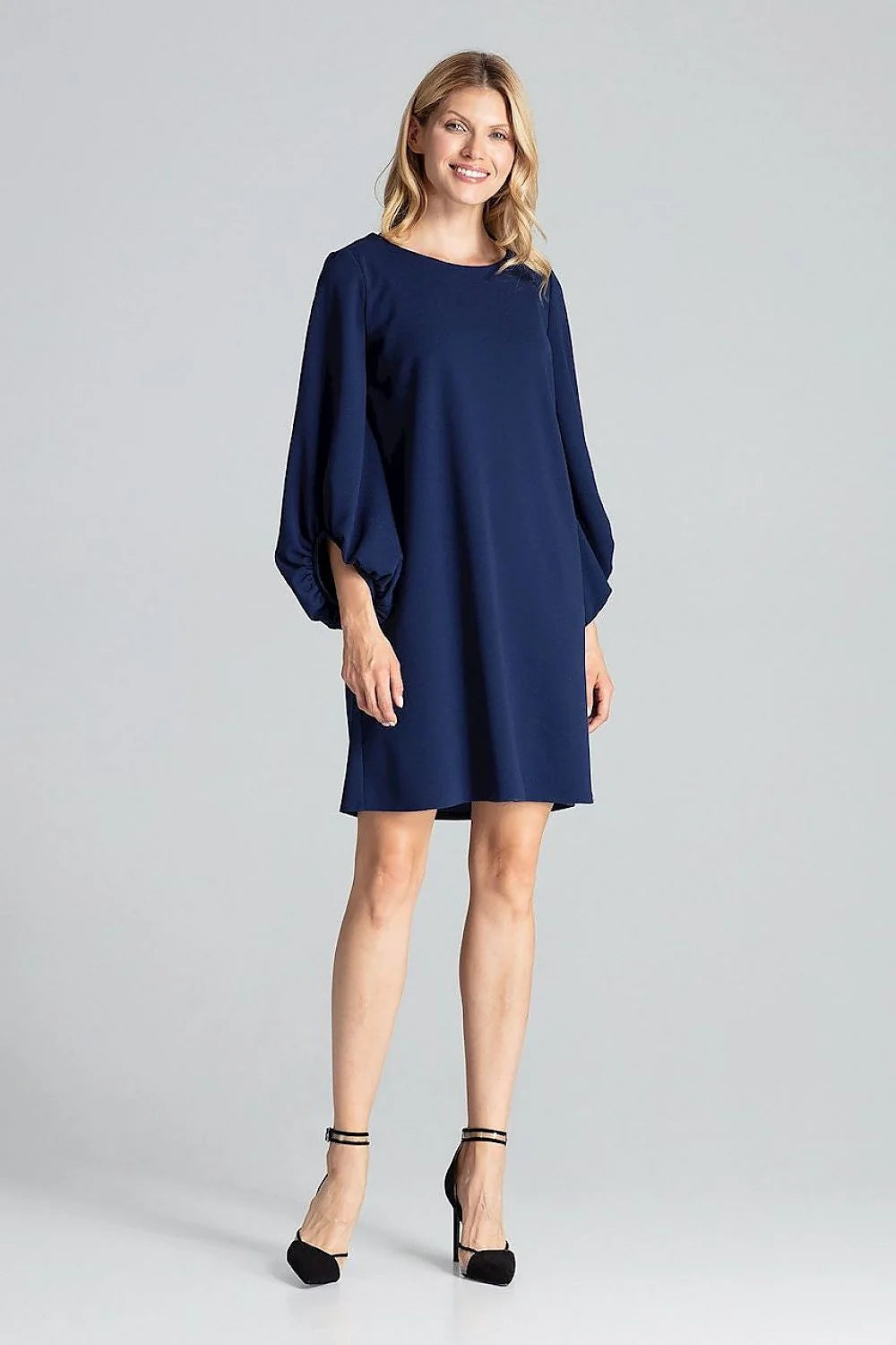 Robe midi polyester élégante manches bouffantes grise style intemporel pour femme moderne toutes occasions