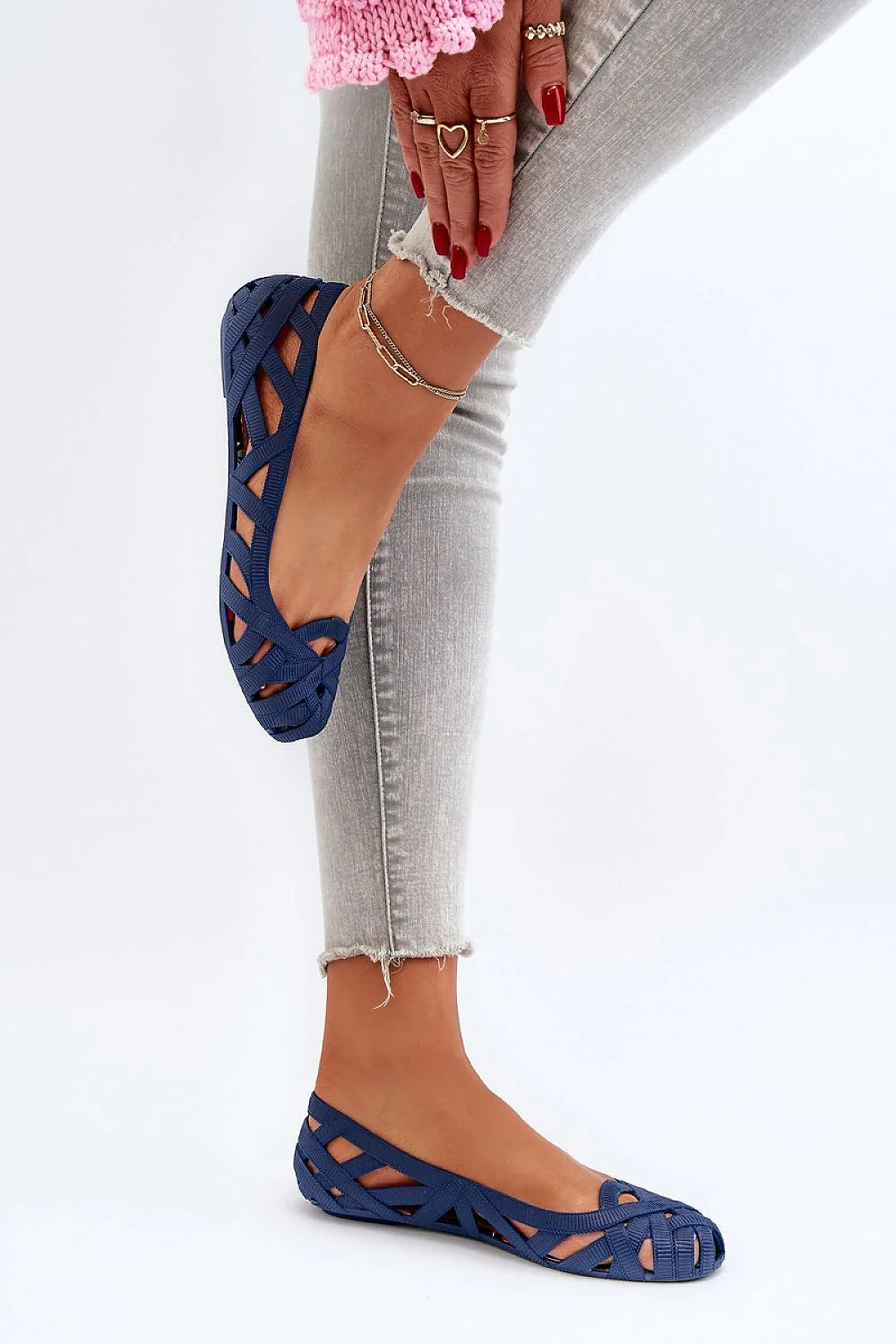 Ballerines femmes design moderne tressé confortables semelle plate couleur bleu marine matériau synthétique respirant