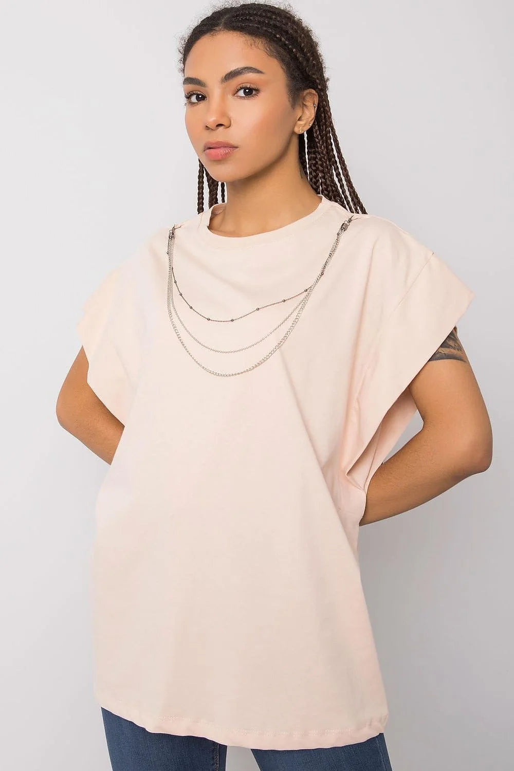 Chemisier femme Casual Chic Tissu Coton Lavande Doux Coupe Large Manches Courtes Chaînes Métalliques Détachables