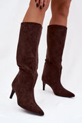 bottes suédine marron chocolat mi mollet talon fin kitten pointu tige froncée enfiler doublure chaude confortable élégante féminine polyvalente velours