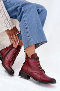 bottines femme bordeaux cuir synthétique lisse effet patiné sombre bout arrondi talon bloc bas doublure fourrure ornement métallique