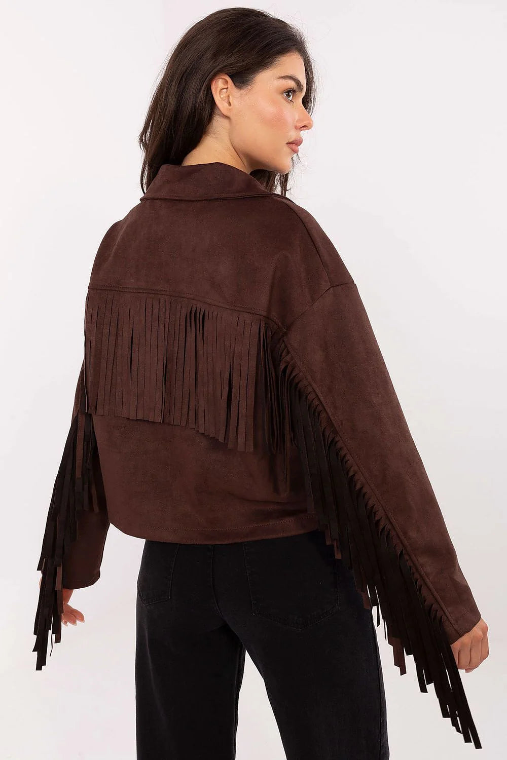 veste femme courte boxy coupe western bohème suédine effet daim marron chocolat franges manches longues col classique boutonnée non doublée