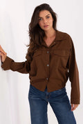 chemiser femme marron chocolat twill coton stretch coupe courte boxy manches longues col classique boutonné poches poitrine rabat ourlet élastique