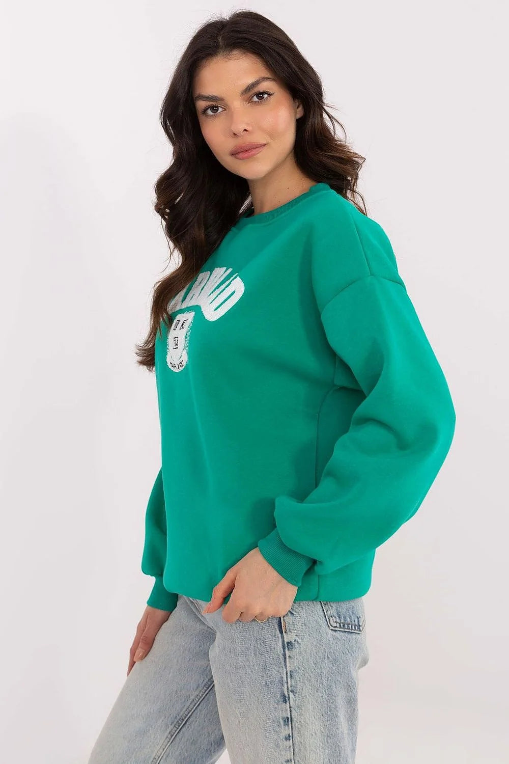 Sweatshirt femme style décontracté couleur verte émeraude logo HARVARD manches longues col rond coupe classique matériau coton polyester