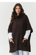 poncho pull tunique femme oversize ample col roulé demi manches poches plaquées maille épaisse côtelée confortable