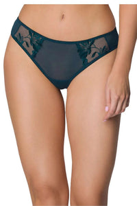 Culotte femme design élégant contemporain couleur bleu foncé panels tulle transparent broderies florales tissu opaque tulle coutures discrètes confort style raffiné lingerie femme occasions
