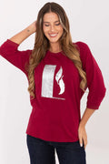 chemisier femme bordeaux manches trois quarts coupe ample jersey doux coton élasthanne motif argenté rectangle plumes décontracté confortable polyvalent