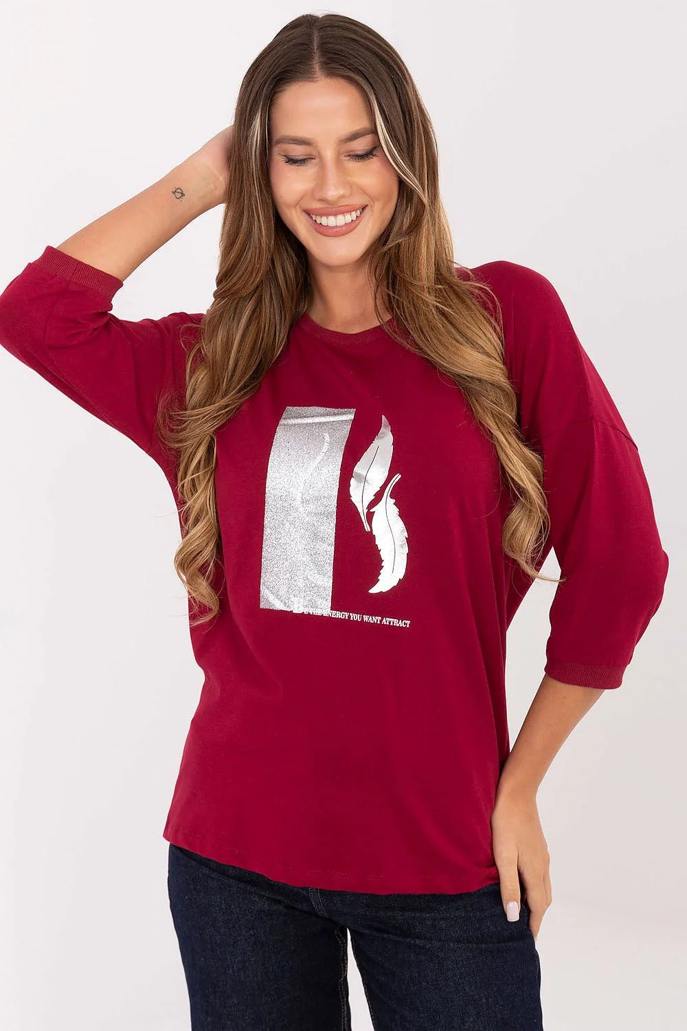 chemisier femme bordeaux manches trois quarts coupe ample jersey doux coton élasthanne motif argenté rectangle plumes décontracté confortable polyvalent