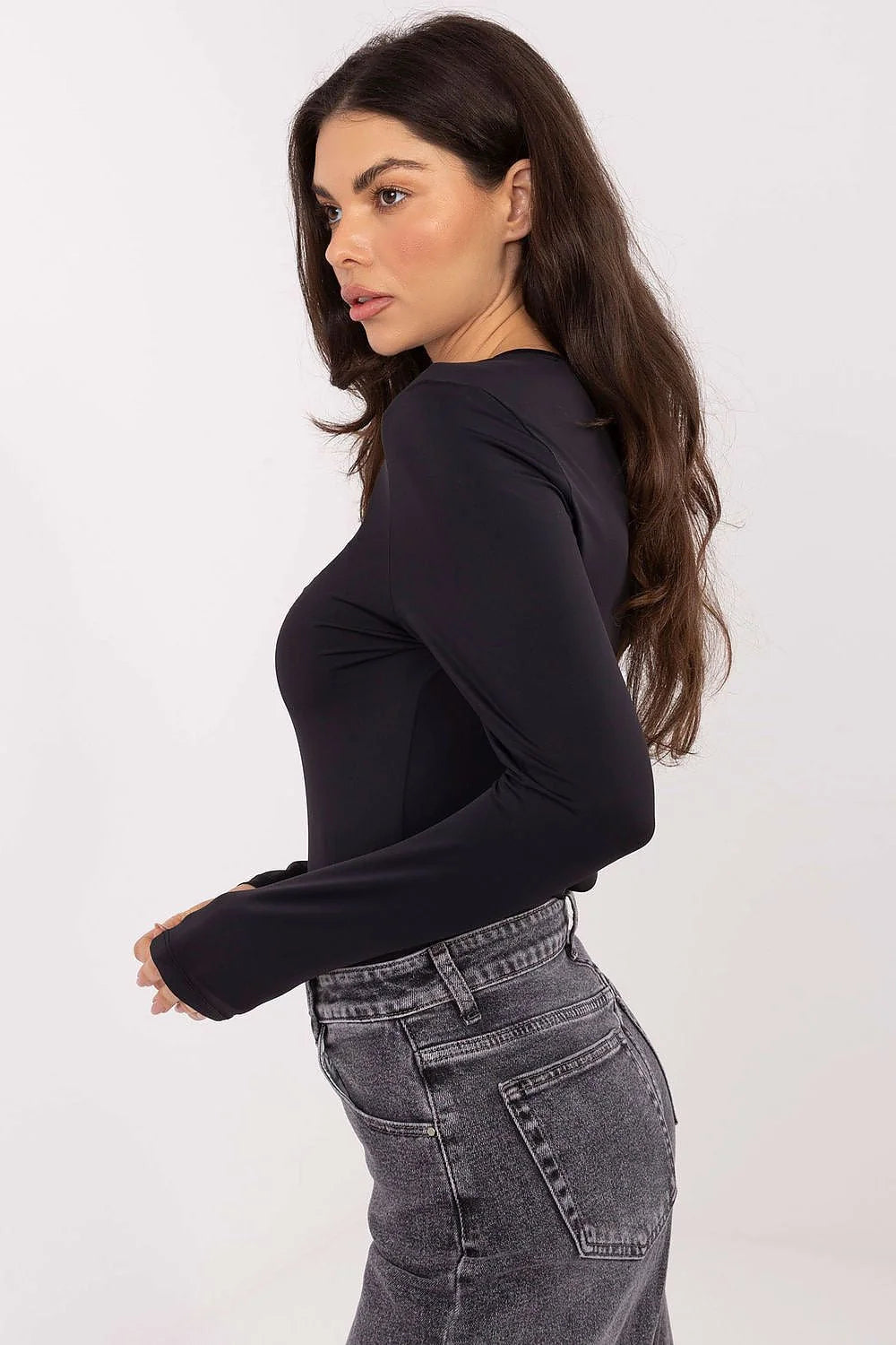chemisier Sublevel femme noir manches longues slim extensible polyamide elasthanne seconde peau col rond basique polyvalent minimal confortable