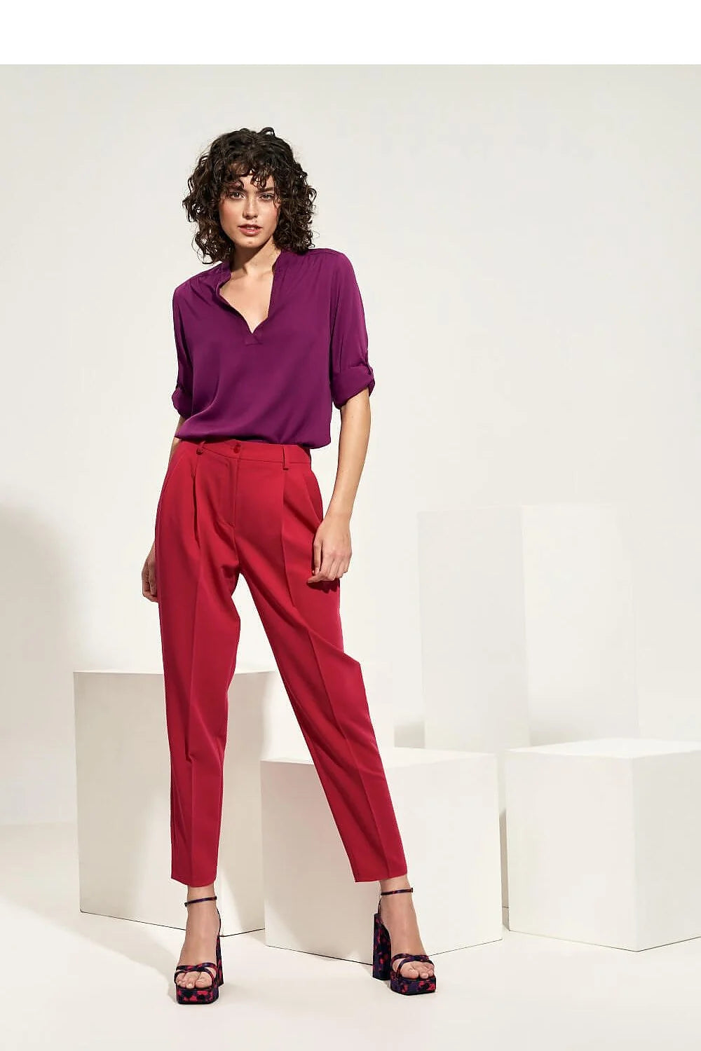 Pantalon femme Nife taille haute couleur rose vif en viscose polyester elasthanne manches 3/4 col V