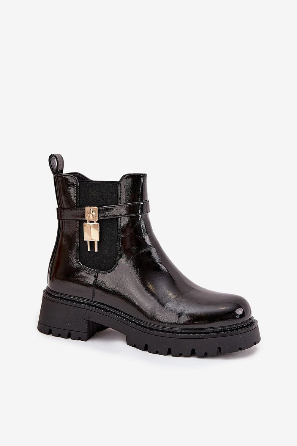 bottines femme cuir écologique plateforme talon plat confort bout arrondi sangle décorative doré doublure tissu semelle crantée antidérapant