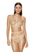 Ensemble lingerie féminine élégant dentelle floral jarretelles vert soutien-gorge balconnet culotte ajustable occasion spéciale femme